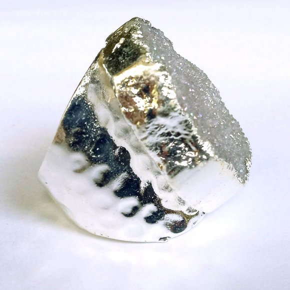 Men's Silver Druzy Agate Cocktail Dinner Ring 77.35 carats on Adjustable Band - Picture 3 of 3